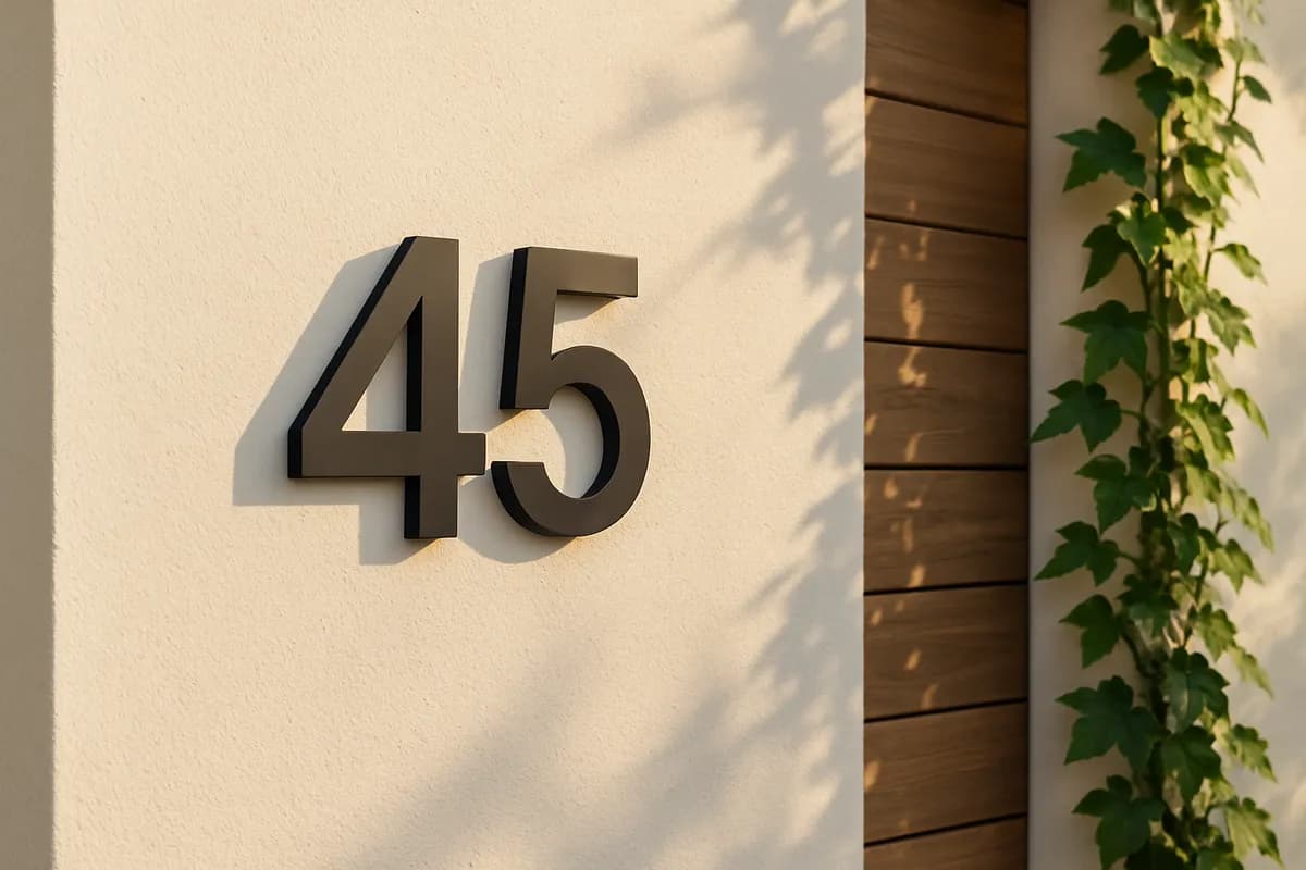 Przestrzenne cyfry numeru domu w kilku różnych krojach pisma na jasnej elewacji — porównanie stylów typografii