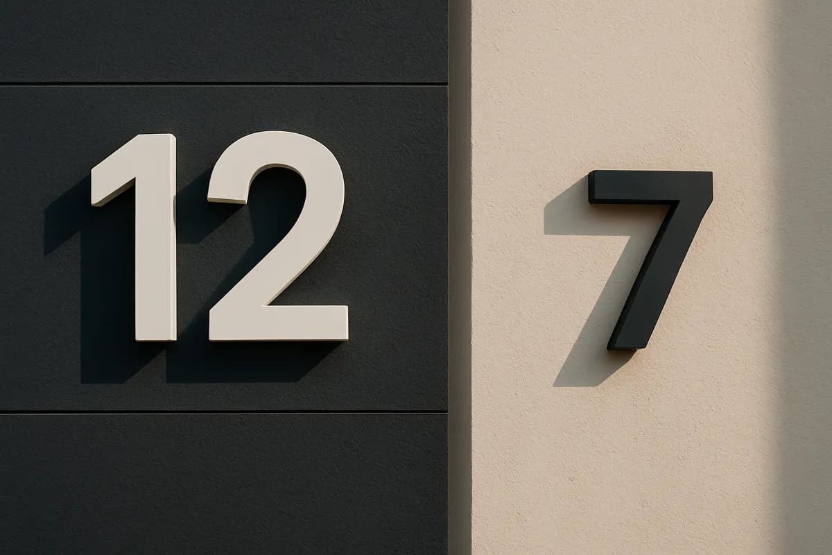 Jasne przestrzenne cyfry numeru domu na ciemnej elewacji obok czarnej cyfry na beżowym tynku — przykład kontrastu koloru do tła