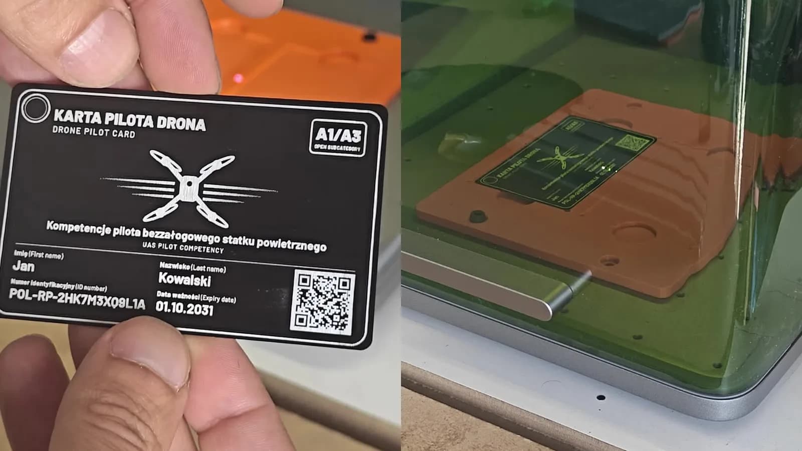 Metalowa karta pilota drona z numerem identyfikacyjnym, kategorią A1/A3 i kodem QR — w dłoni i podczas grawerowania laserem