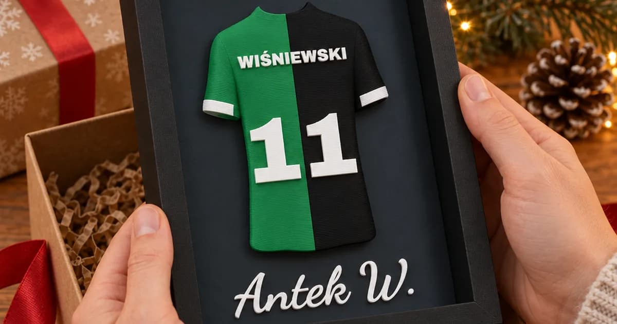 Ramka z wypukłą koszulką piłkarską w barwach drużyny GRYF FC wyjmowana z pudełka prezentowego