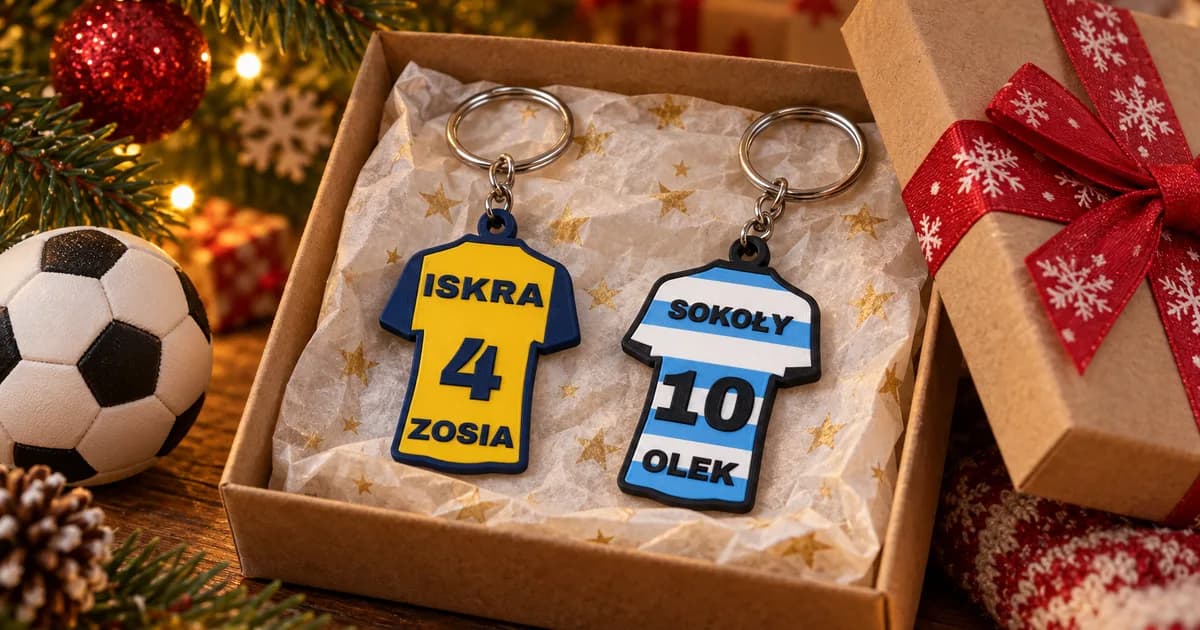 Świąteczny prezent dla młodego piłkarza pod choinką — breloki w kształcie koszulki z imieniem i numerem w pudełku prezentowym
