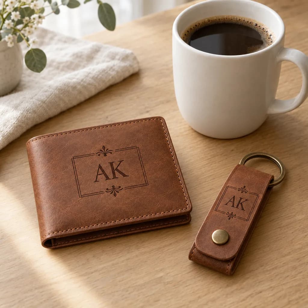Skórzany portfel i brelok z wygrawerowanym monogramem AK