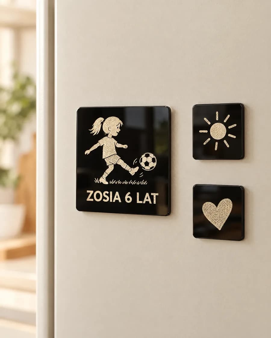 Fridge magnet with a child's drawing engraved on black acrylic (AI visualisation)
