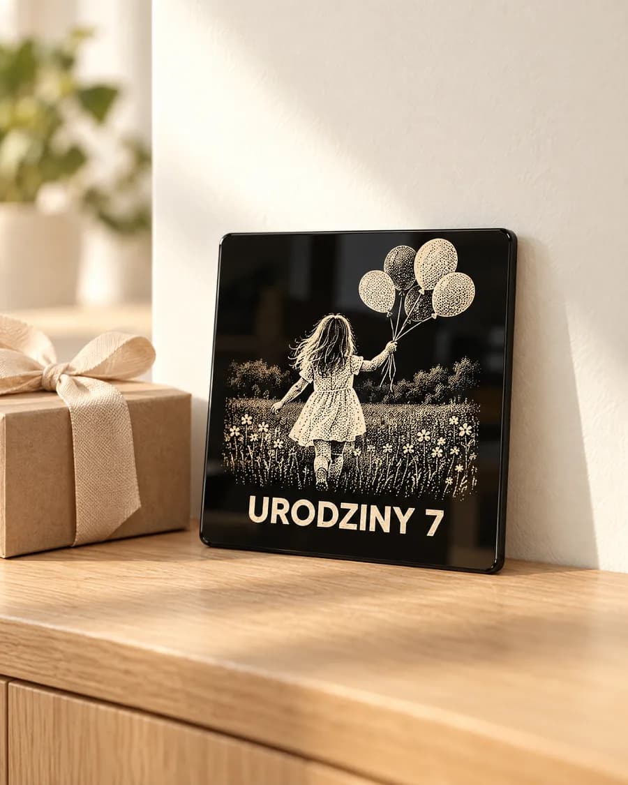 Birthday keepsake - engraved child photo on black acrylic (AI visualisation)