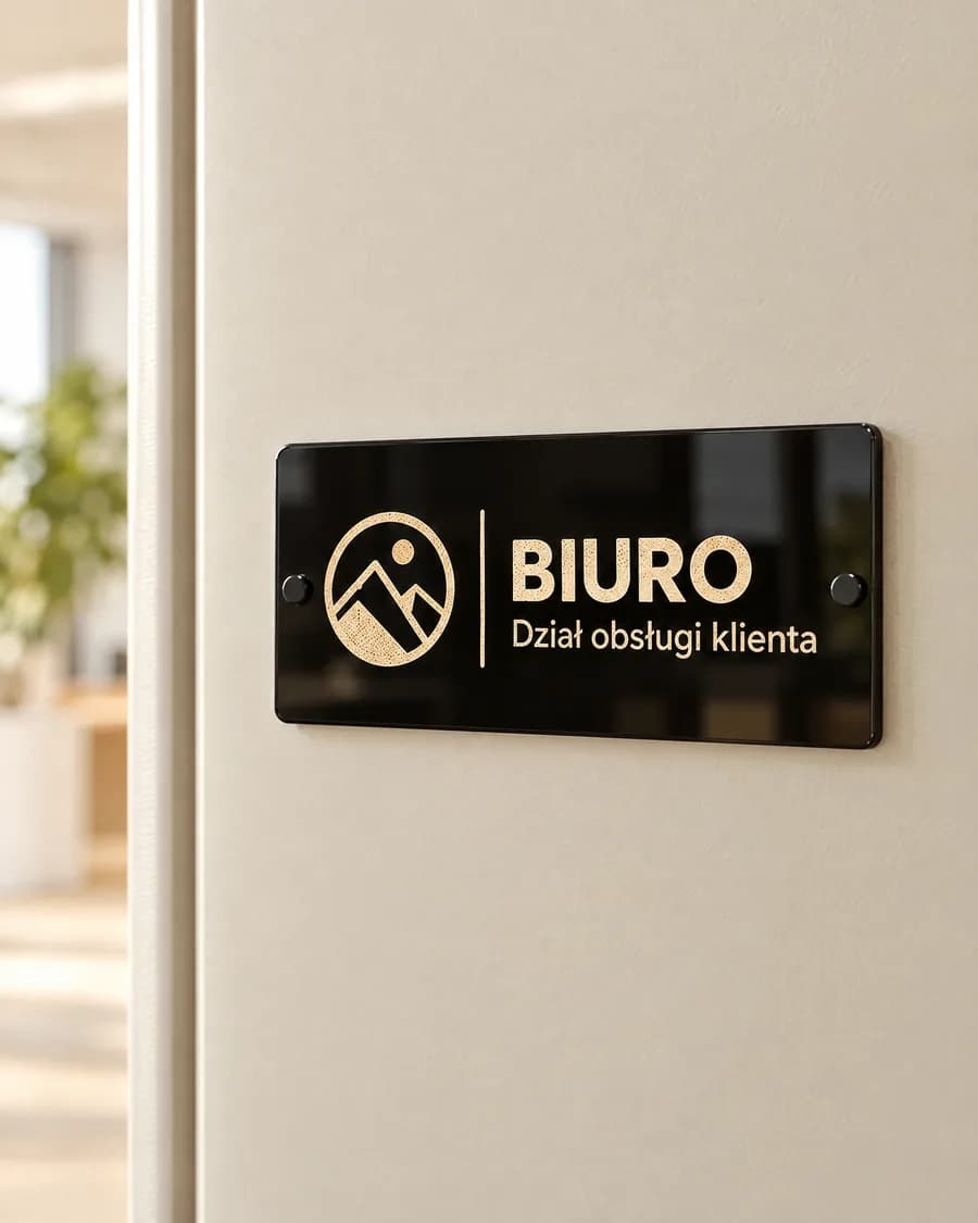 Office door sign with company logo - black acrylic 200×100 mm (AI visualisation)