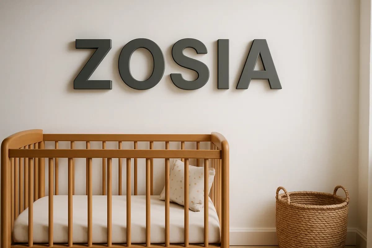 Przestrzenne litery imienia dziecka na jasnej ścianie w pokoju dziecięcym, nad łóżeczkiem, miękkie dzienne światło.
