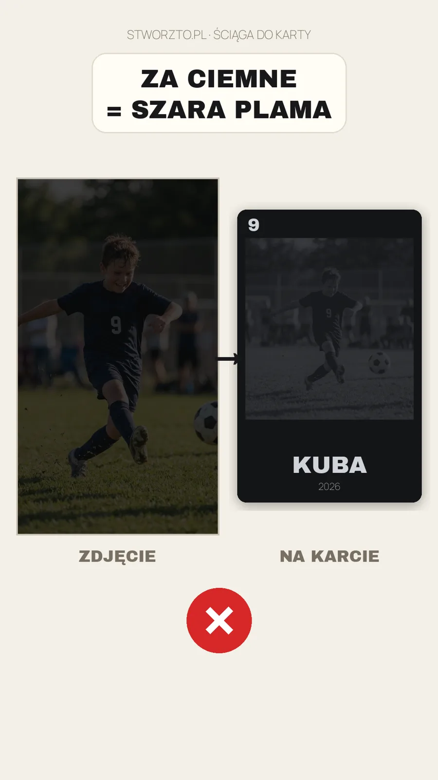 Za ciemne zdjęcie dziecka i ten sam kadr na karcie piłkarskiej - twarz zlewa się w szarą plamę