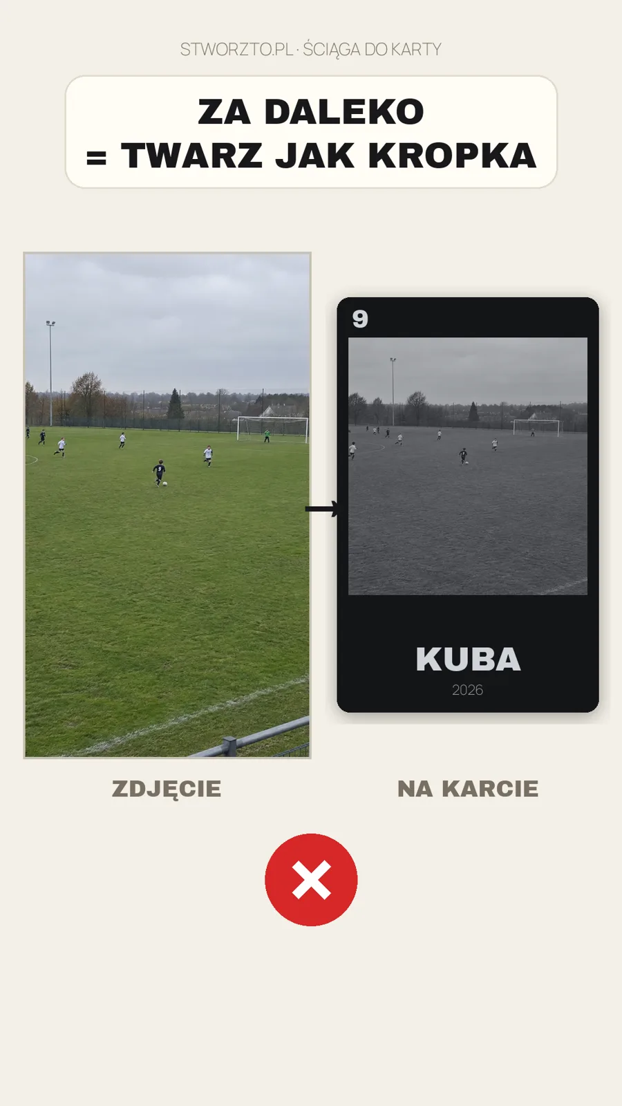 Zdjęcie meczu z trybun, zawodnik daleko w kadrze - na karcie twarz jest za mała